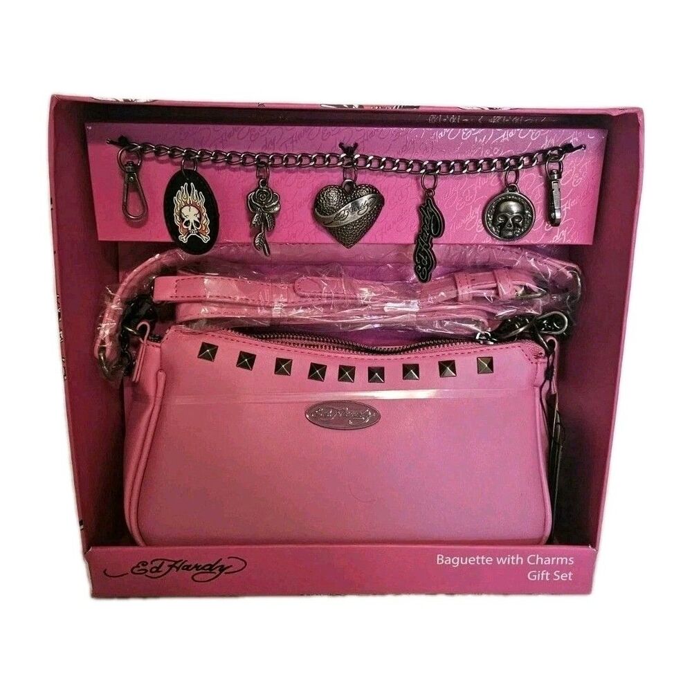 Ed Hardy Purse Handbag Baguette With Charms Pink Crossbody Shoulder Bag Skull